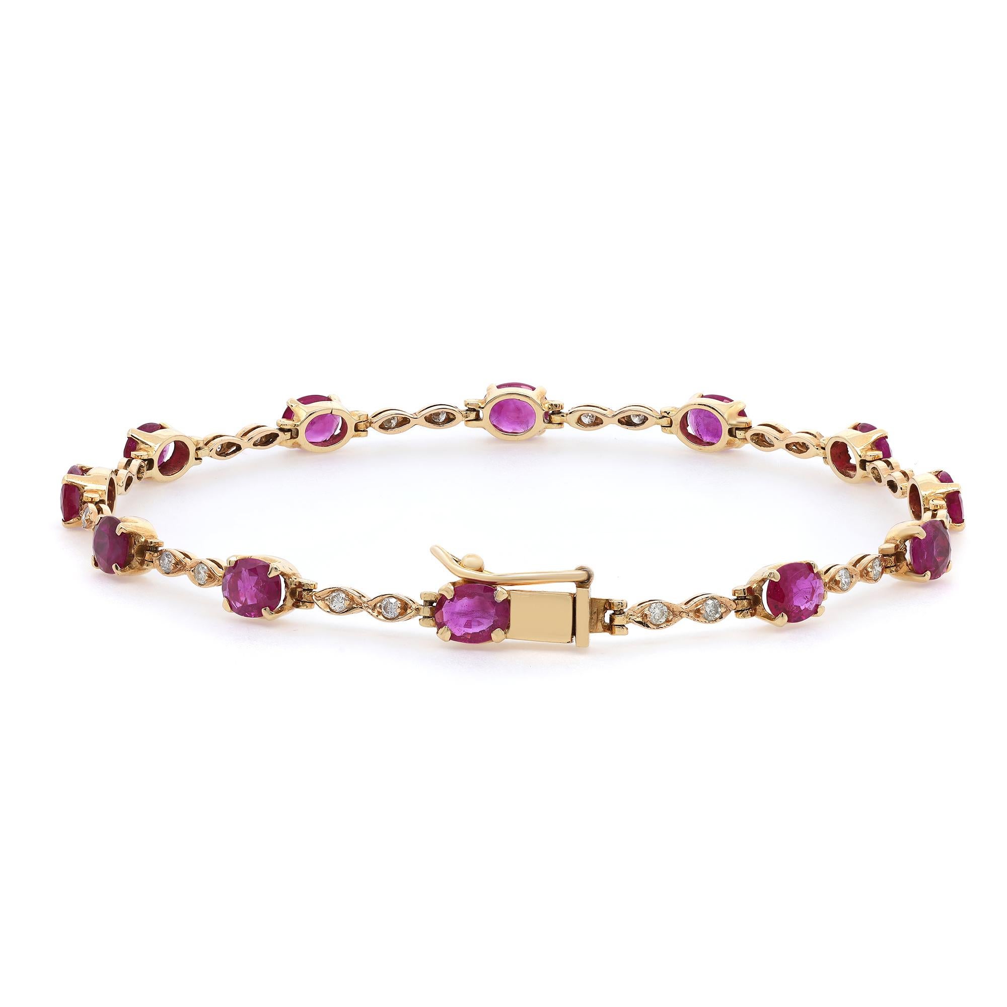 This beautifully crafted bracelet features 12 oval shaped deep red Rubies and 24 round brilliant cut diamonds encrusted in four prong setting. Crafted in 18k yellow gold. Wrist size: 7.5 inches. Width: 4mm. Total weight: 6.17 grams. Bracelet closes