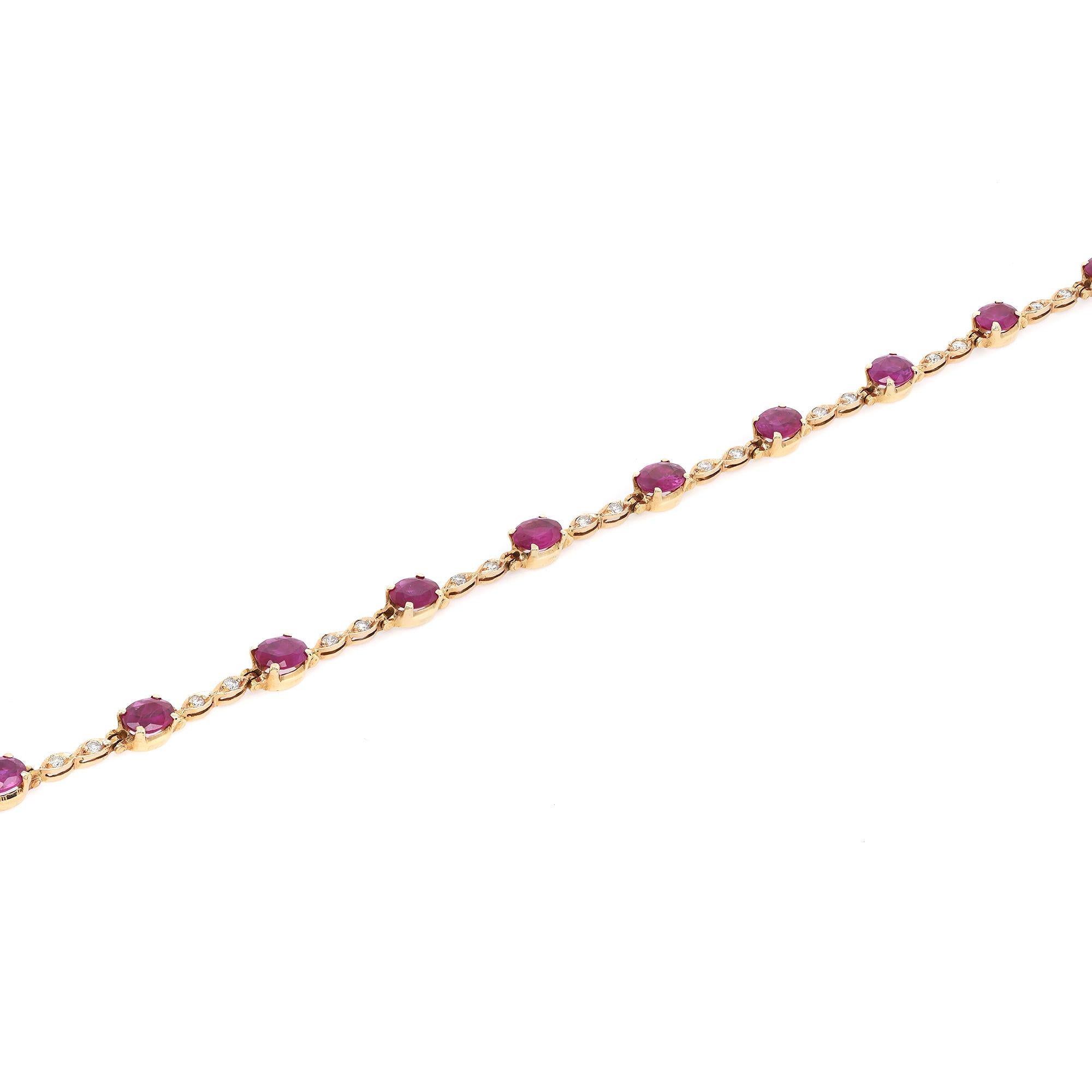 Modern Oval Shaped Ruby and Diamond Ladies Bracelet 18K Yellow Gold For Sale