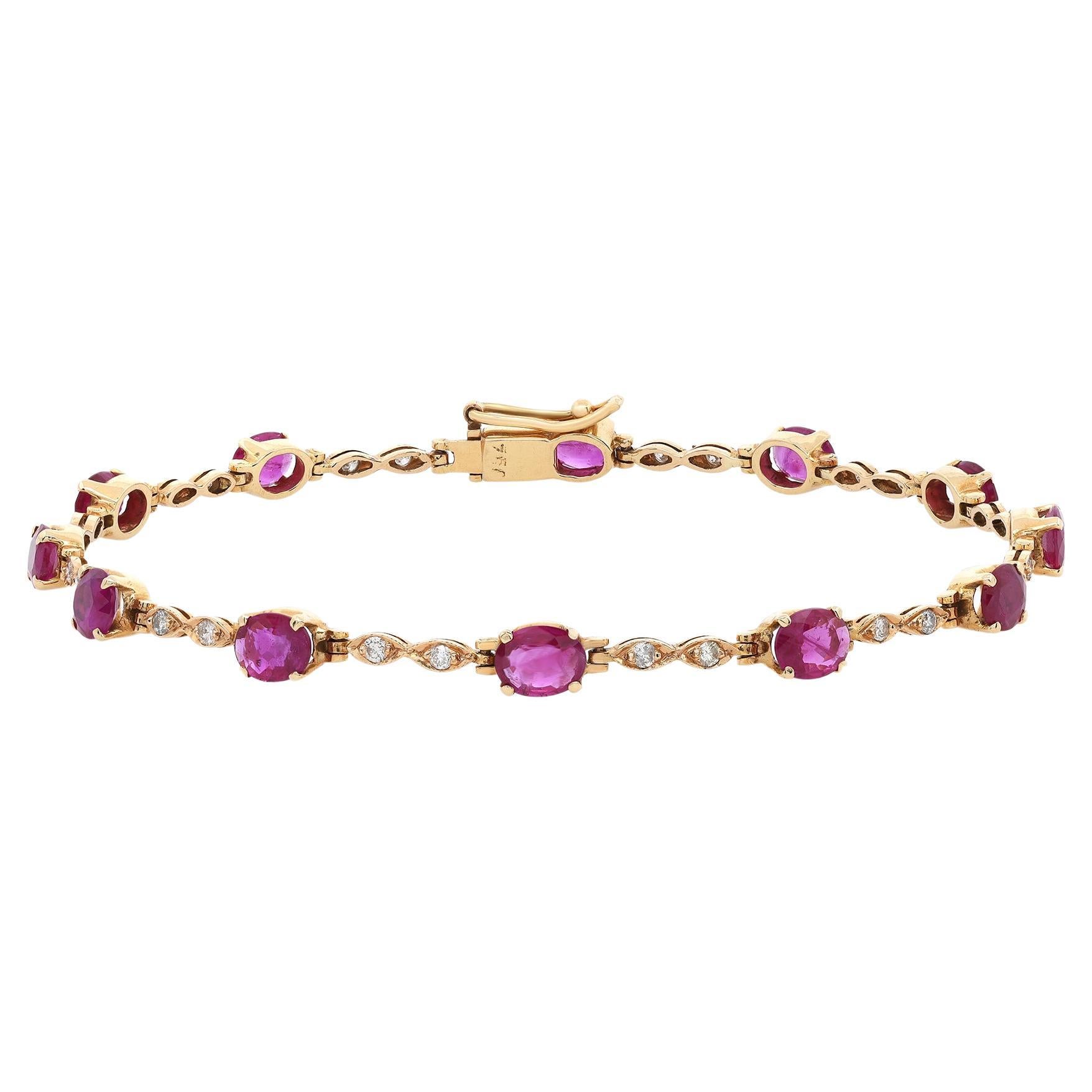 Oval Shaped Ruby and Diamond Ladies Bracelet 18K Yellow Gold For Sale