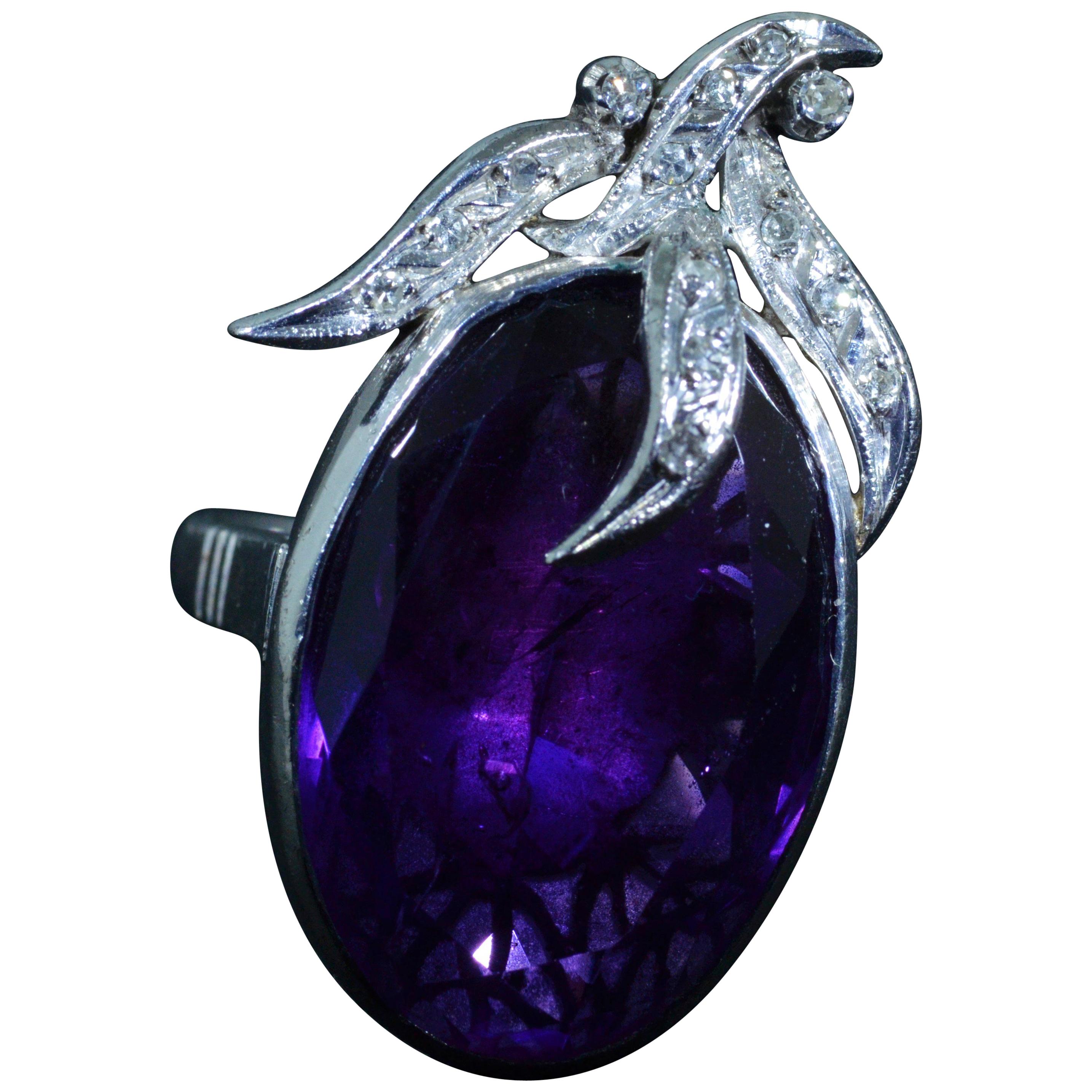 Oval Shaped Siberian Amethyst Cocktail Ring in 14 Karat White Gold with Diamonds For Sale
