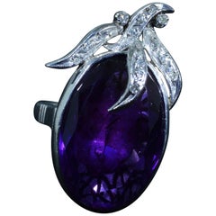 Oval Shaped Siberian Amethyst Cocktail Ring in 14 Karat White Gold with Diamonds