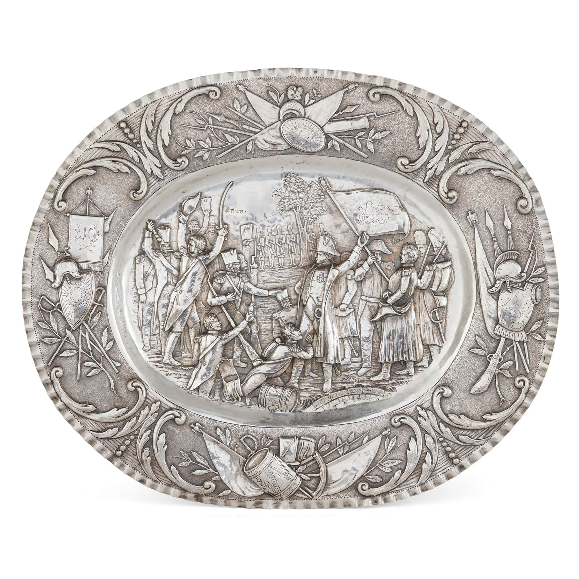 Oval-shaped Silver Tray by Georg Roth & Co. Embossed with a Napoleonic Scene For Sale