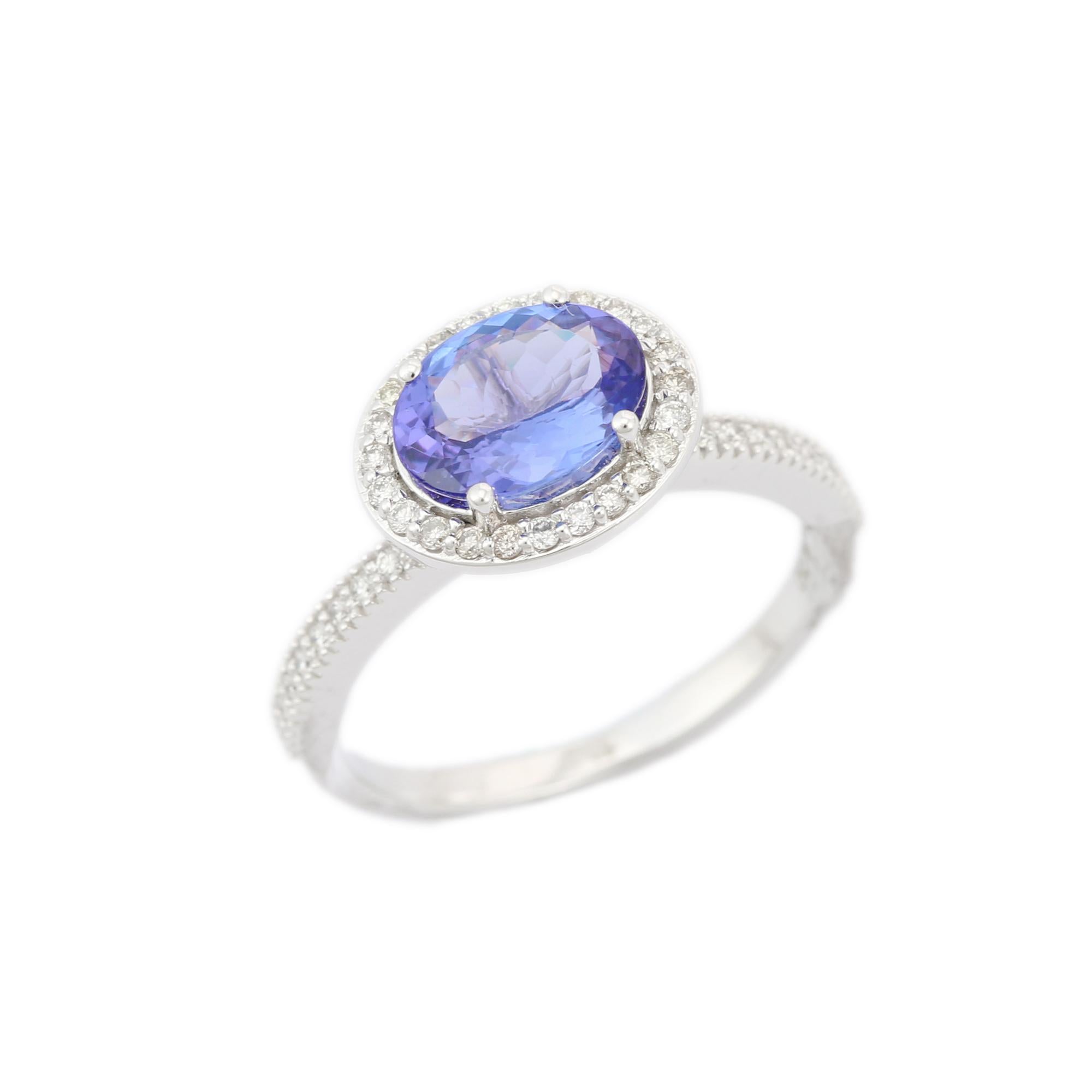 For Sale:  Oval Shaped Tanzanite and Diamond Ring in 18K White Gold 7