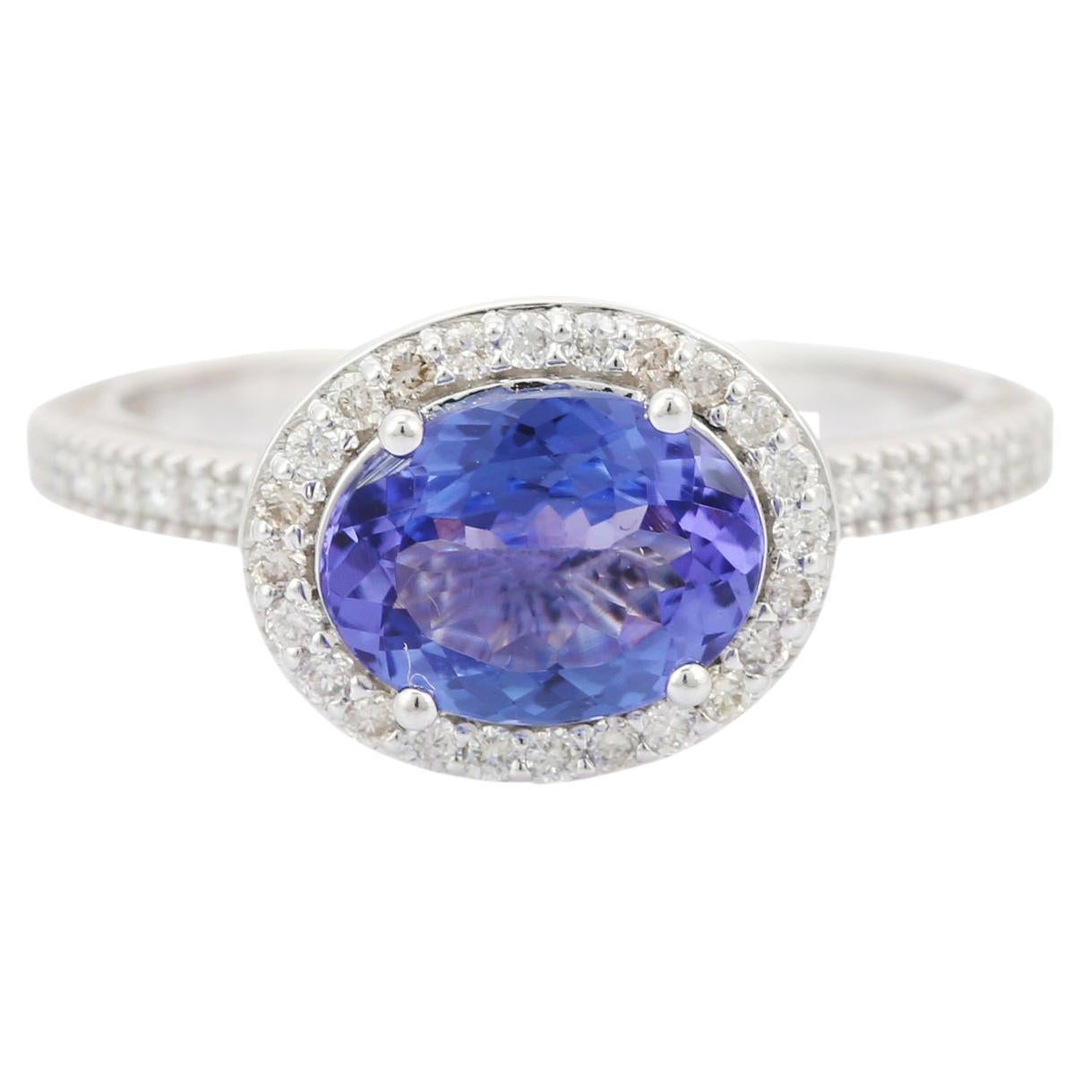 Oval Shaped Tanzanite and Diamond Ring in 18K White Gold