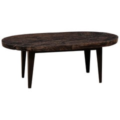 Oval-Shaped Teak Slab Top Coffee Table Raised on Custom Iron Legs