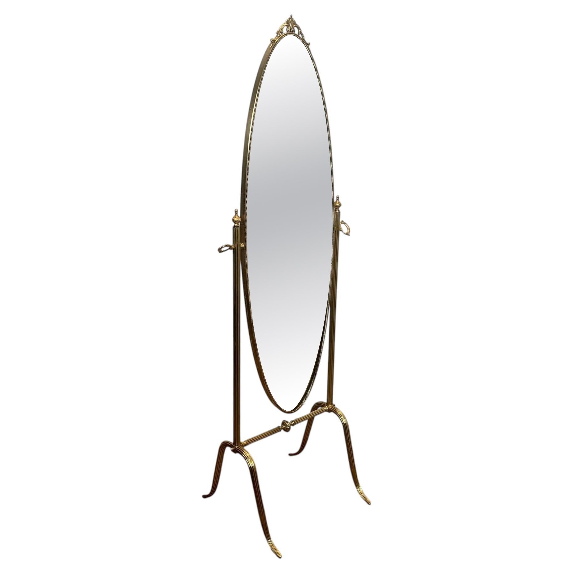 Specchio Psiche in ottone inclinabile di forma ovale nello stile della Maison Jansen