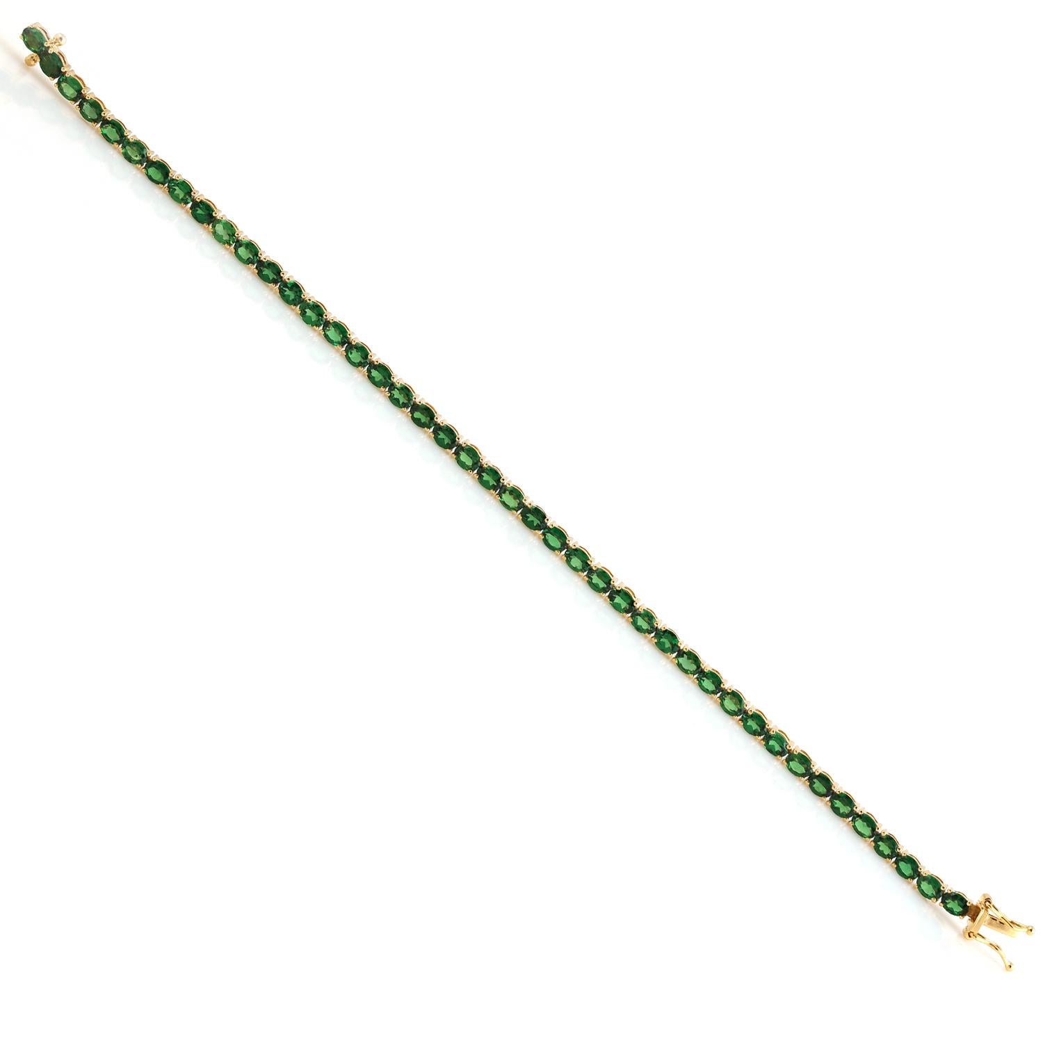 Mixed Cut Oval Shaped Tsavorite Tennis Bracelet Made In 18K Yellow Gold For Sale
