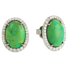 Oval Shaped Turquoise Minimal Studs Accented With Diamonds In 18k White Gold