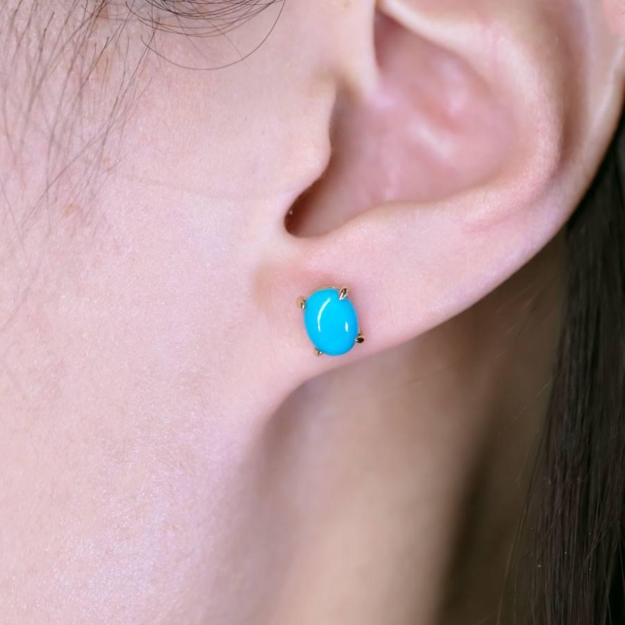 Arts and Crafts Oval Shaped Turquoise Stud Earrings 14k Yellow Gold For Sale