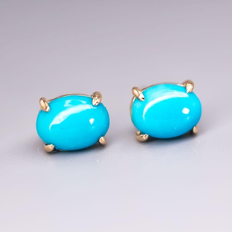 Oval Cut Oval Shaped Turquoise Stud Earrings 14k Yellow Gold For Sale