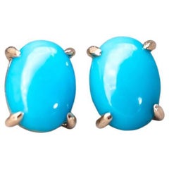 Oval Shaped Turquoise Stud Earrings 14k Yellow Gold