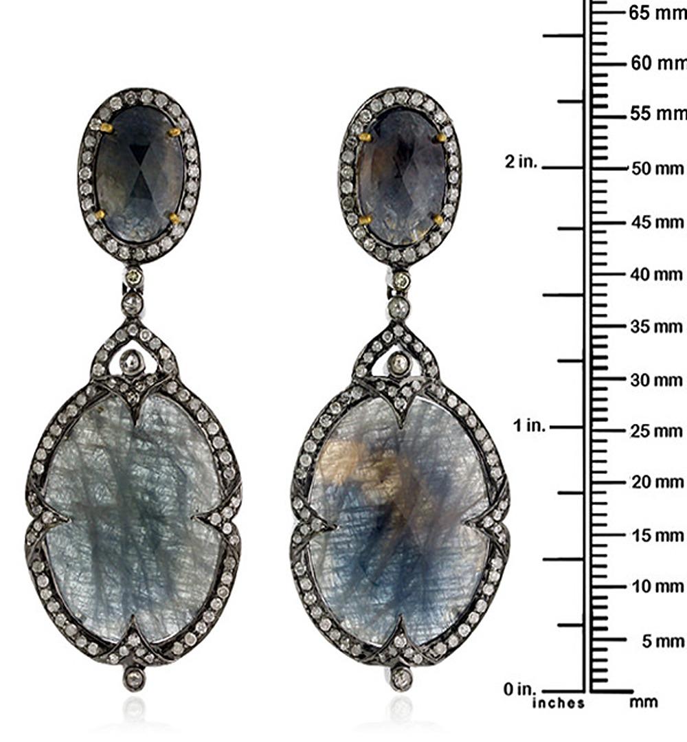 Oval Cut Oval Shaped Two Tier Sapphire Dangle Earrings With Diamonds For Sale