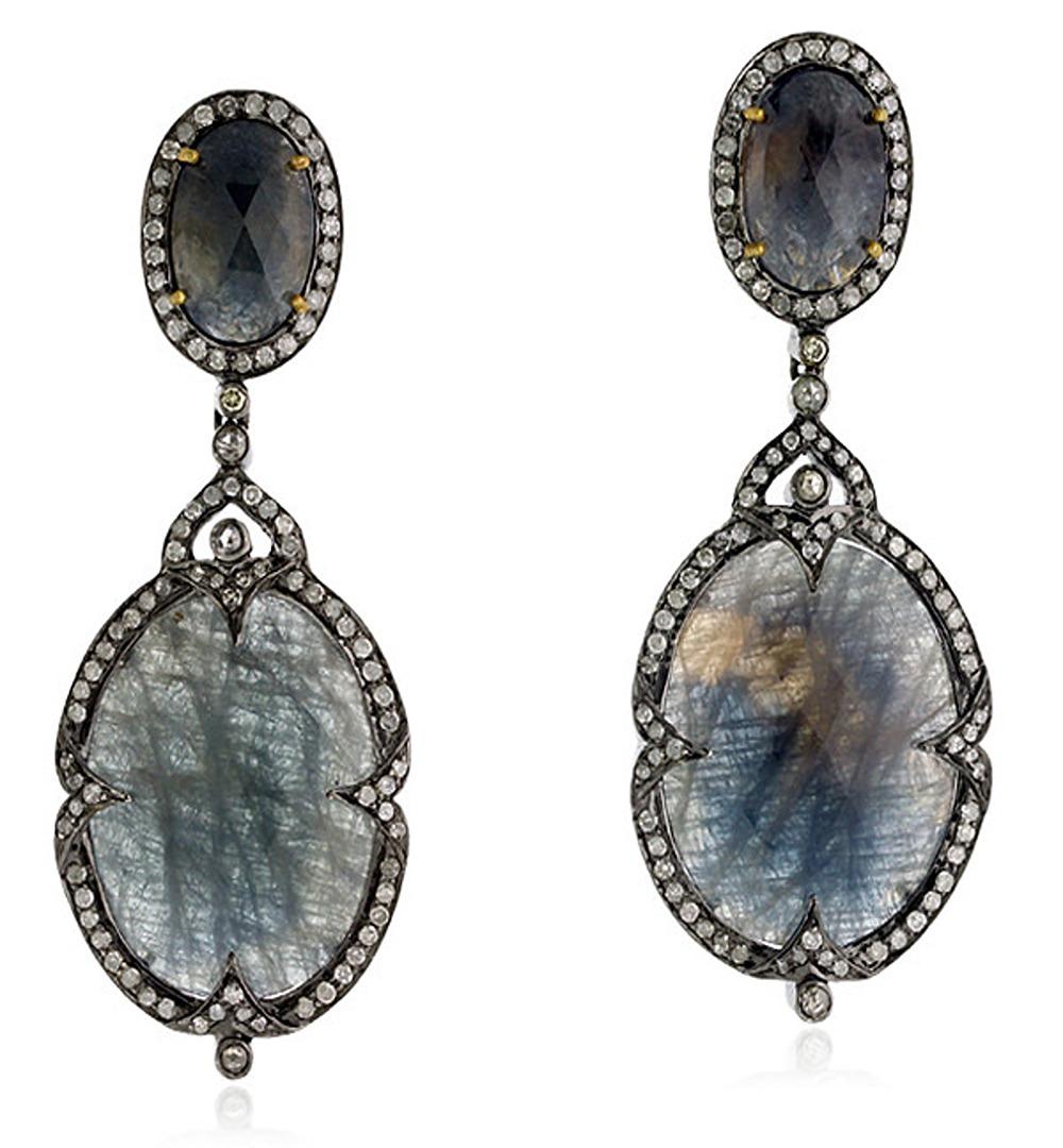 Oval Shaped Two Tier Sapphire Dangle Earrings With Diamonds In New Condition For Sale In New York, NY
