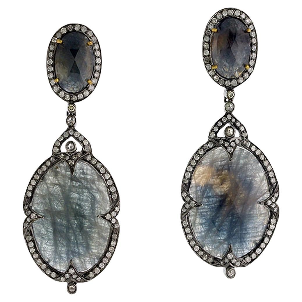 Oval Shaped Two Tier Sapphire Dangle Earrings With Diamonds For Sale