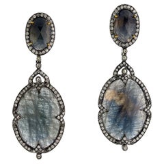 Oval Shaped Two Tier Sapphire Dangle Earrings With Diamonds