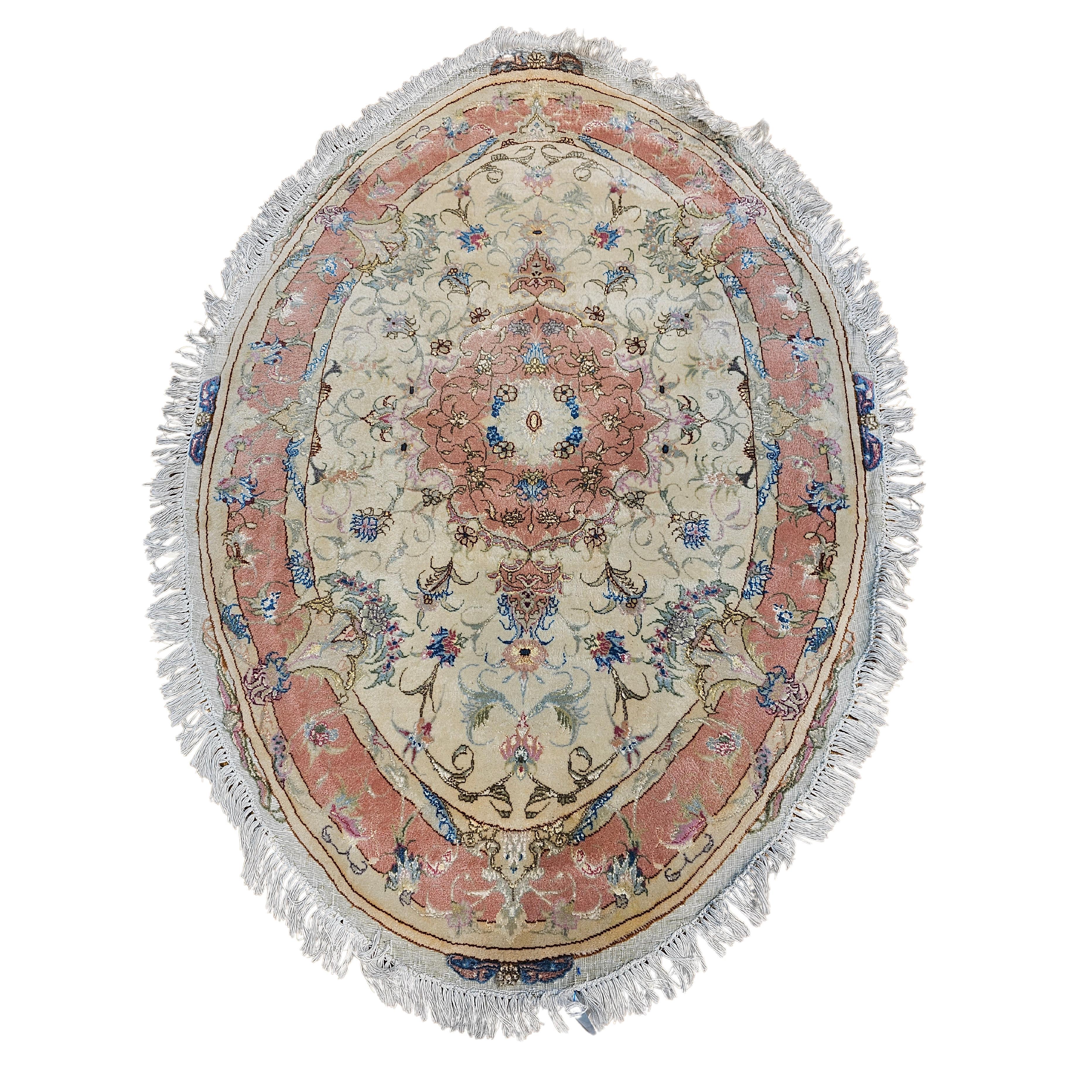 Oval Shaped Vintage Persian Tabriz in Floral Pattern in Ivory, Pale Pink, Blue For Sale