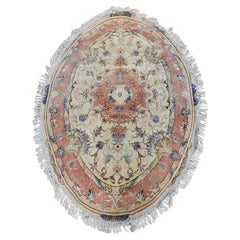 Oval Shaped Retro Persian Tabriz in Floral Pattern in Ivory, Pale Pink, Blue