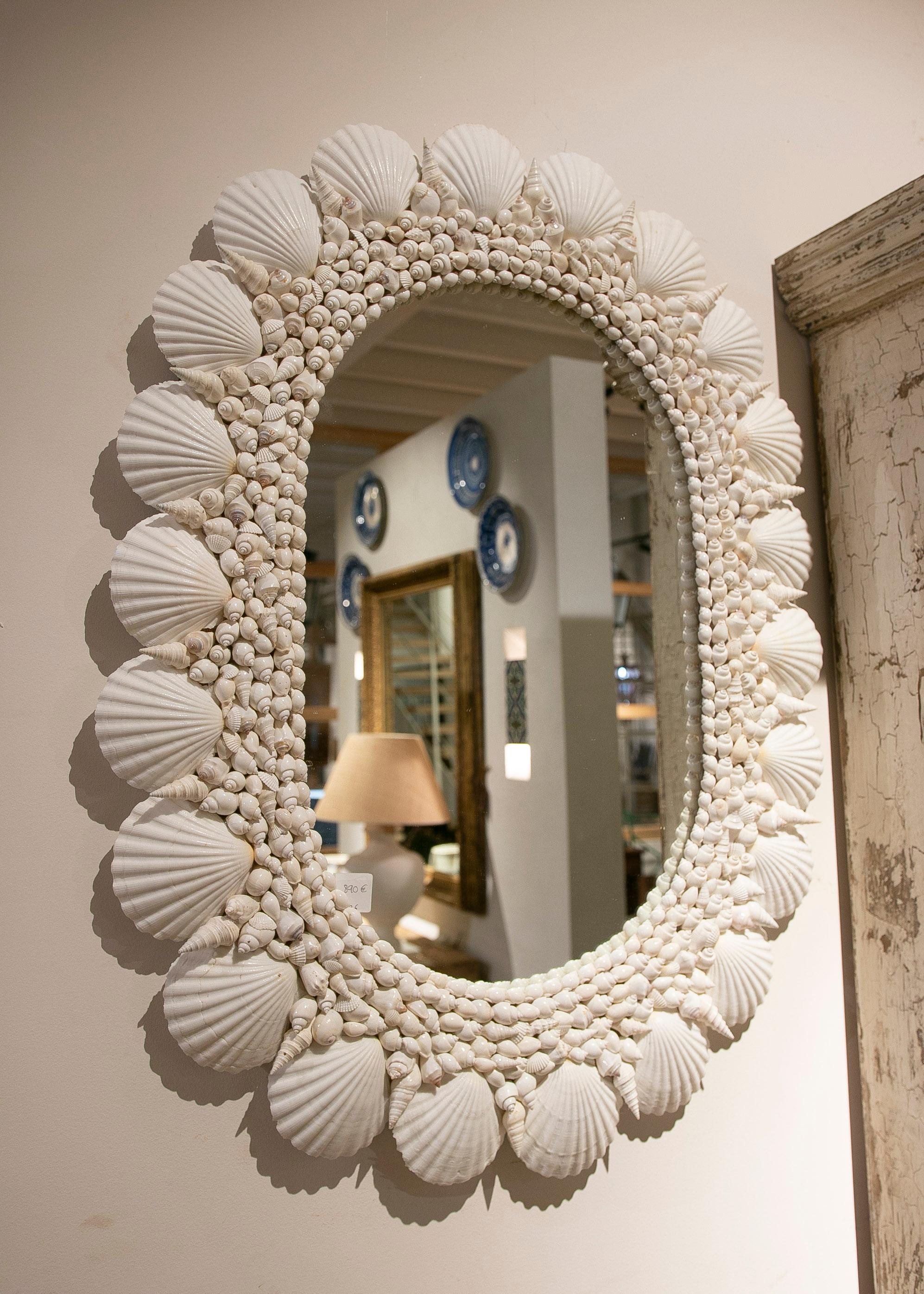 French Oval-Shaped Wall Mirror Made from Seashells and Conch Shells