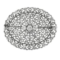 Oval-Shaped White Gold and Diamond Brooch