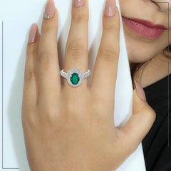 Oval Shaped Zambian Emerald Band Ring With Pave Diamonds Made in 18k White Gold