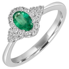 Oval Shaped Zambian Emerald Band Ring With Pave Diamonds Made in 18k White Gold