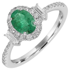 Oval Shaped Zambian Emerald Band Ring With Pave Diamonds Made in 18k White Gold