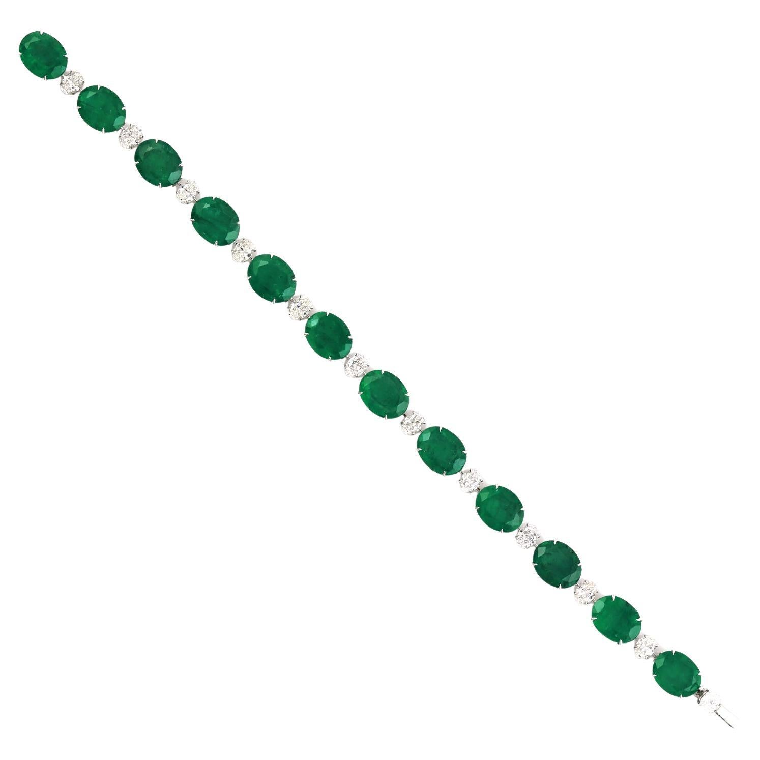 Oval Shaped Zambian Emerald Bracelet With Diamonds Made In 18k White Gold