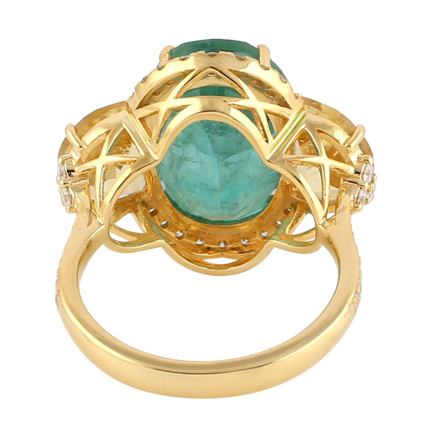 Art Deco Oval Shaped Zambian Emerald Cocktail Ring With Citrine For Sale