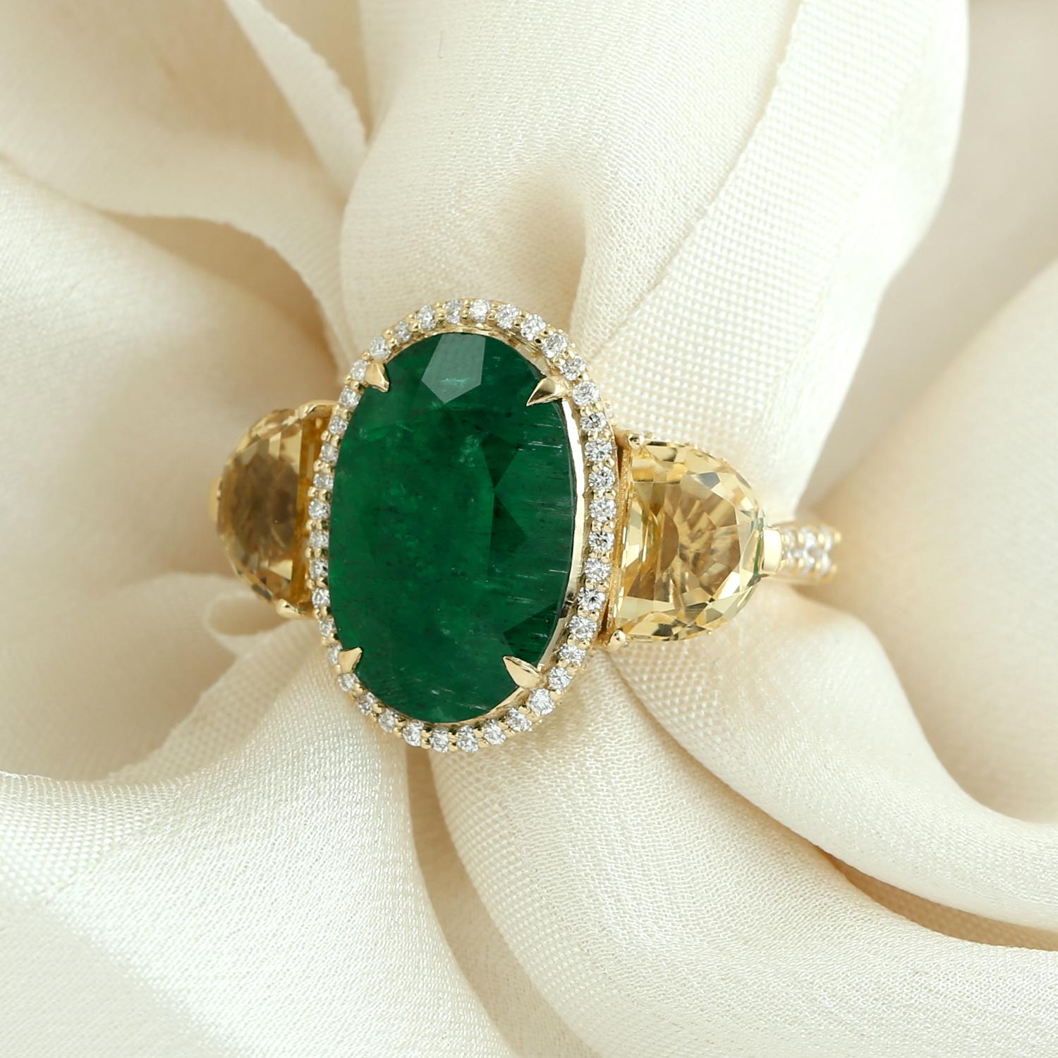 Mixed Cut Oval Shaped Zambian Emerald Cocktail Ring With Citrine For Sale