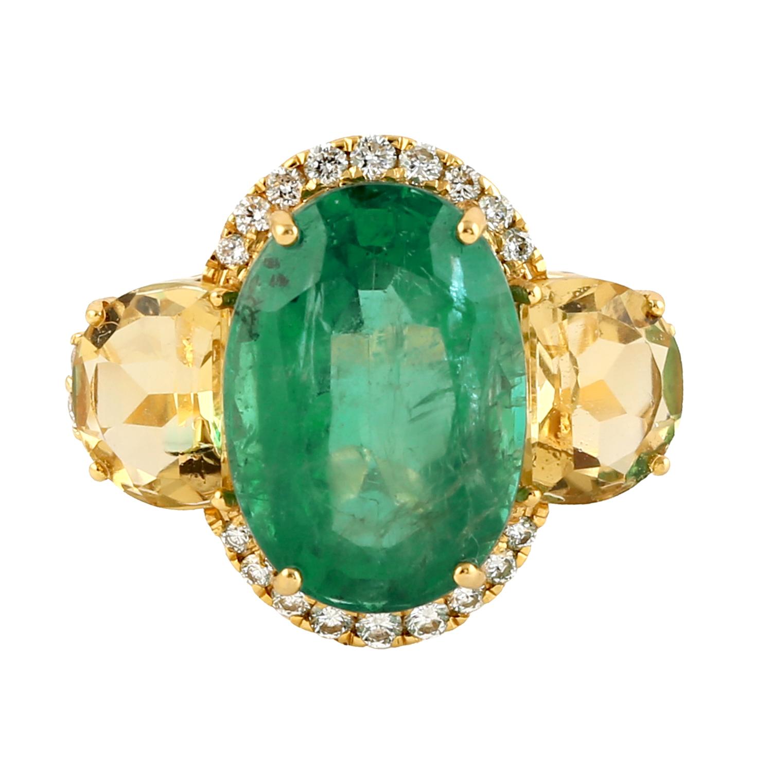 Oval Shaped Zambian Emerald Cocktail Ring With Citrine In New Condition For Sale In New York, NY