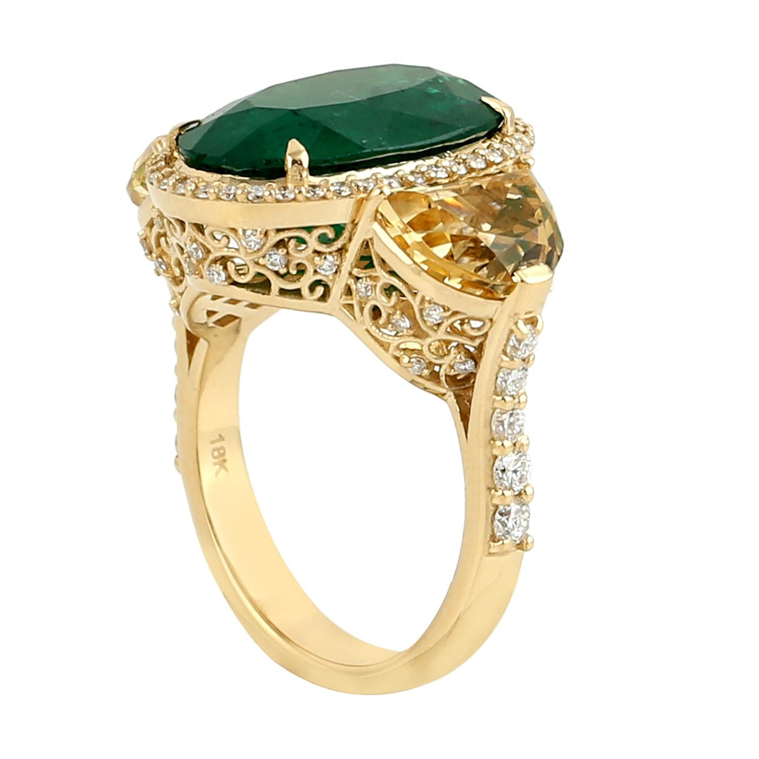 Oval Shaped Zambian Emerald Cocktail Ring With Citrine For Sale 1