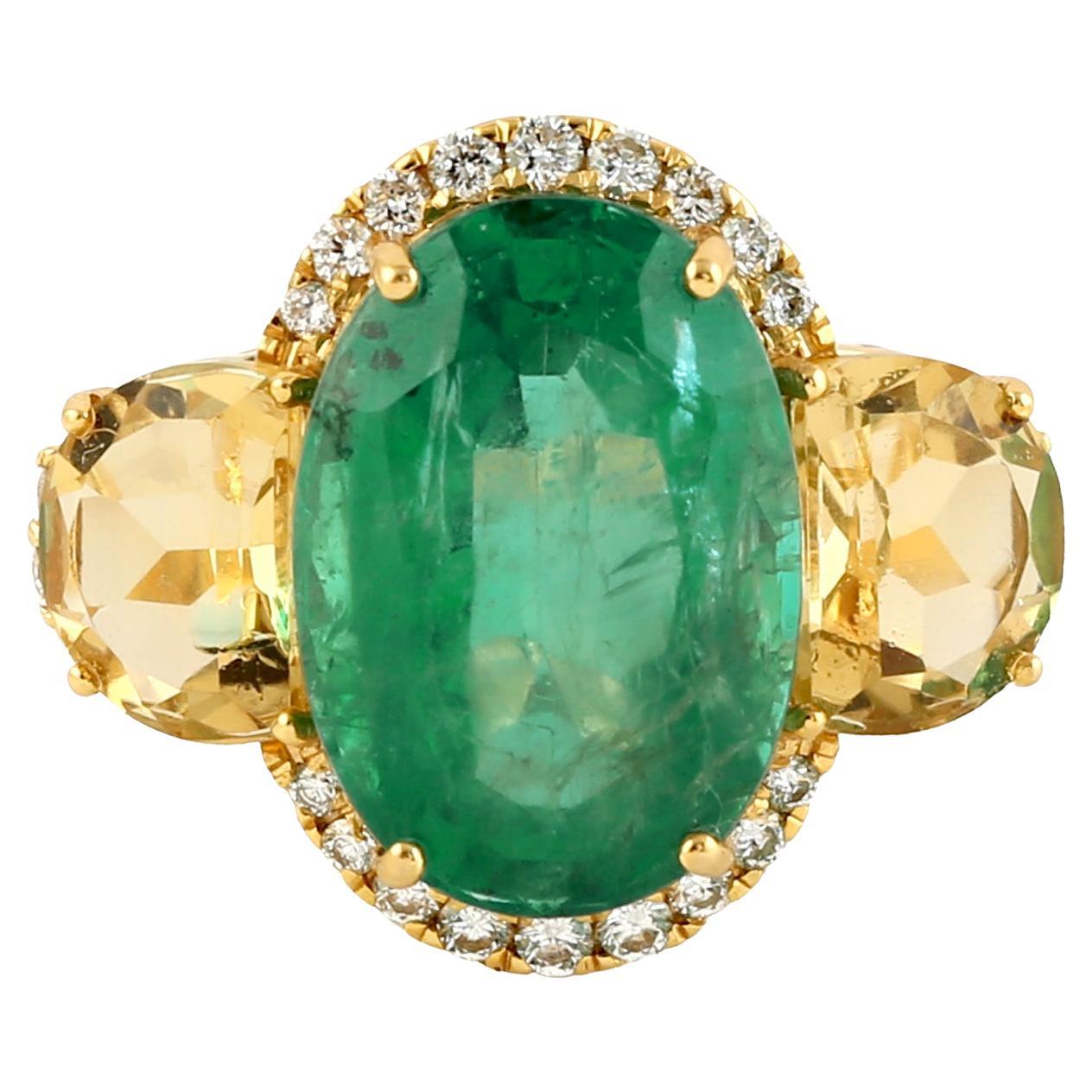 Oval Shaped Zambian Emerald Cocktail Ring With Citrine For Sale