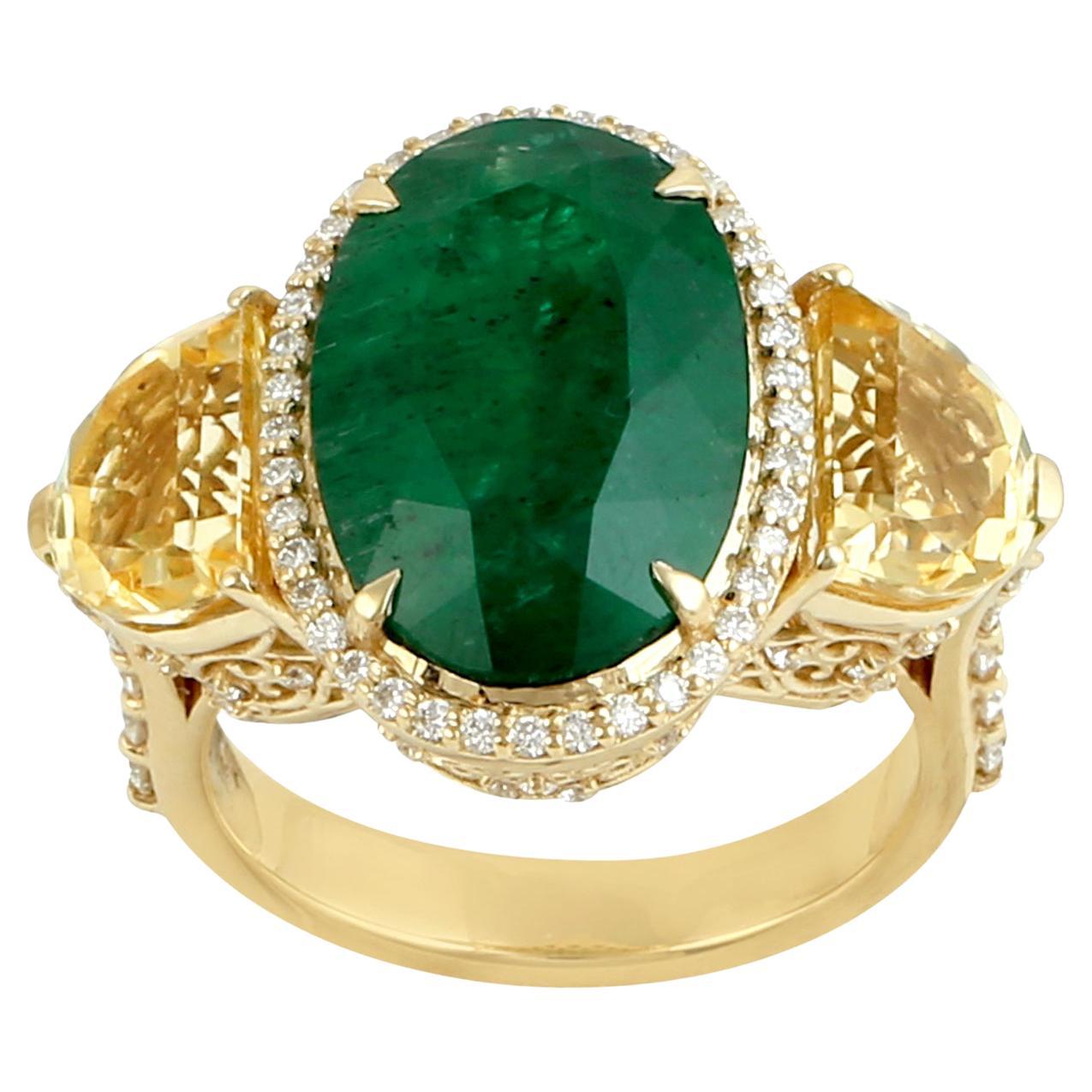Oval Shaped Zambian Emerald Cocktail Ring With Citrine For Sale