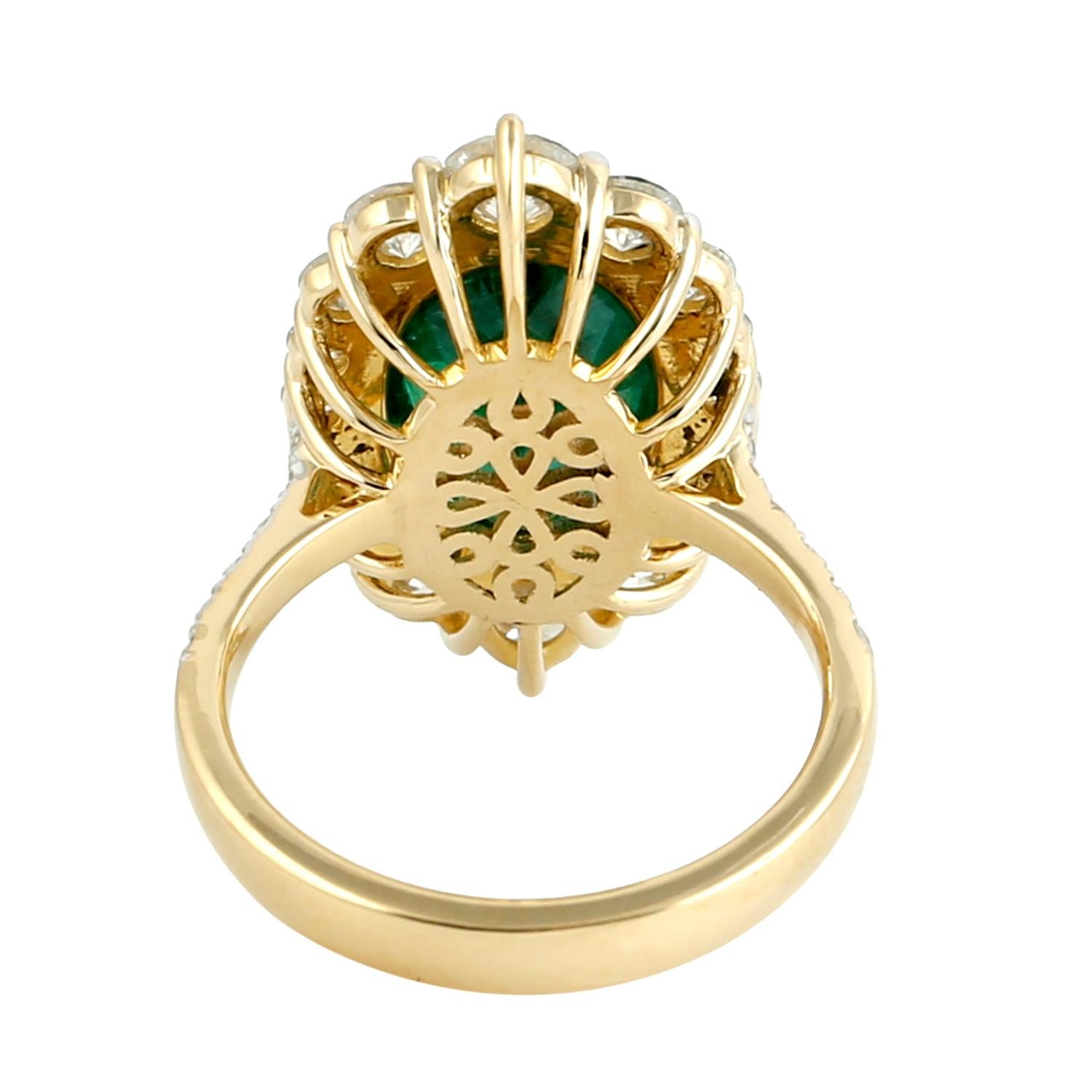 Art Deco Oval Shaped Zambian Emerald Cocktail Ring With Diamonds For Sale