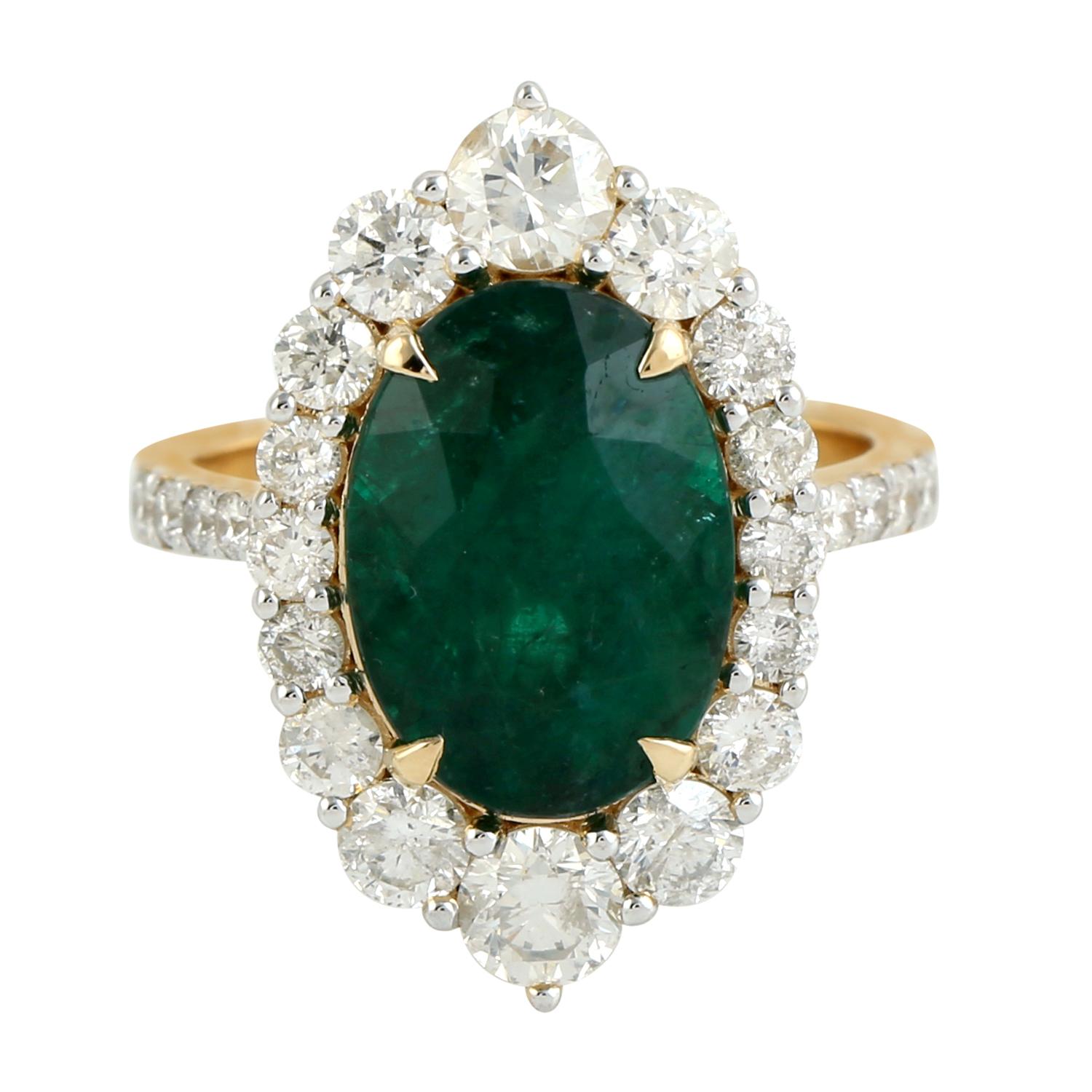 Mixed Cut Oval Shaped Zambian Emerald Cocktail Ring With Diamonds For Sale