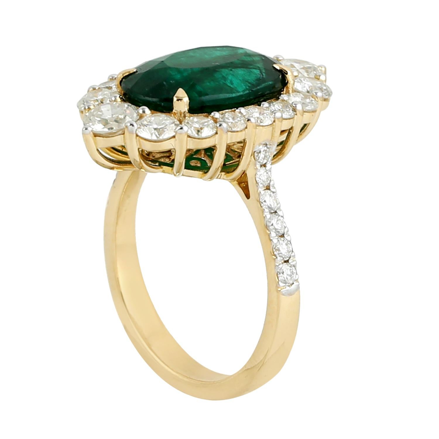 Oval Shaped Zambian Emerald Cocktail Ring With Diamonds In New Condition For Sale In New York, NY