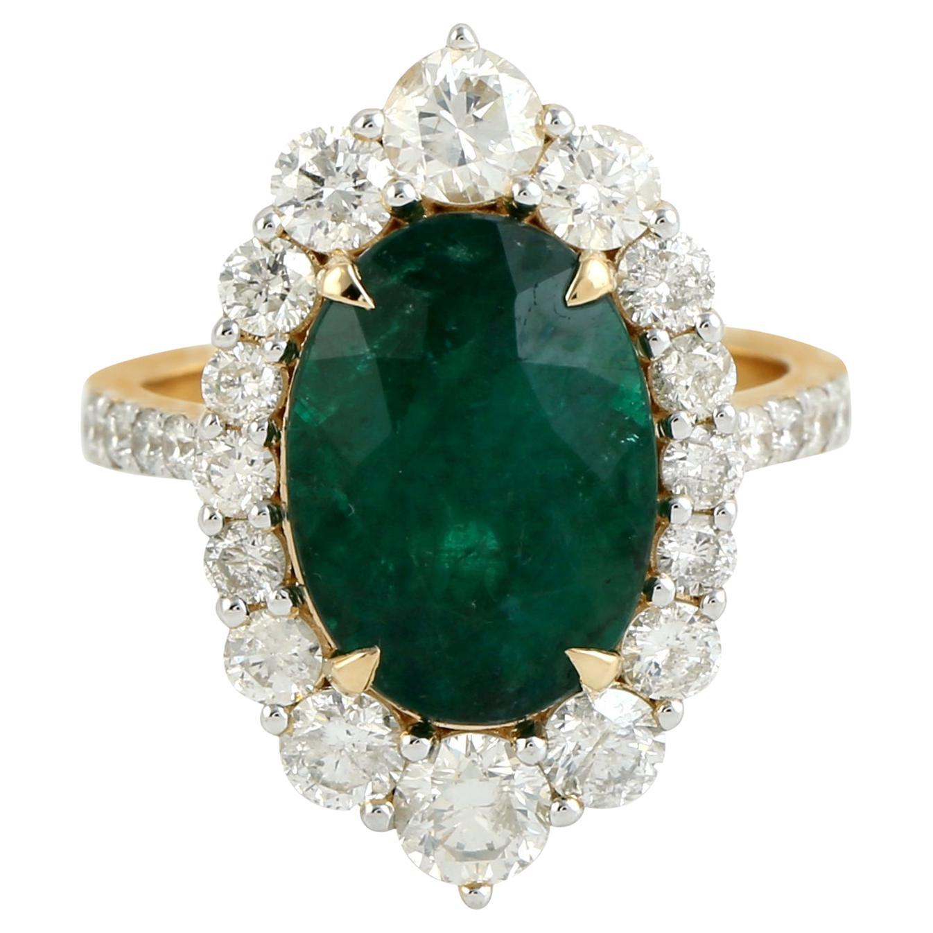 Oval Shaped Zambian Emerald Cocktail Ring With Diamonds For Sale