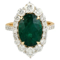 Oval Shaped Zambian Emerald Cocktail Ring With Diamonds