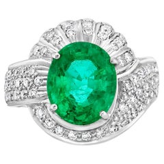 Oval Shaped Zambian Emerald Cocktail Ring with Pave VS Diamond In 18k White Gold