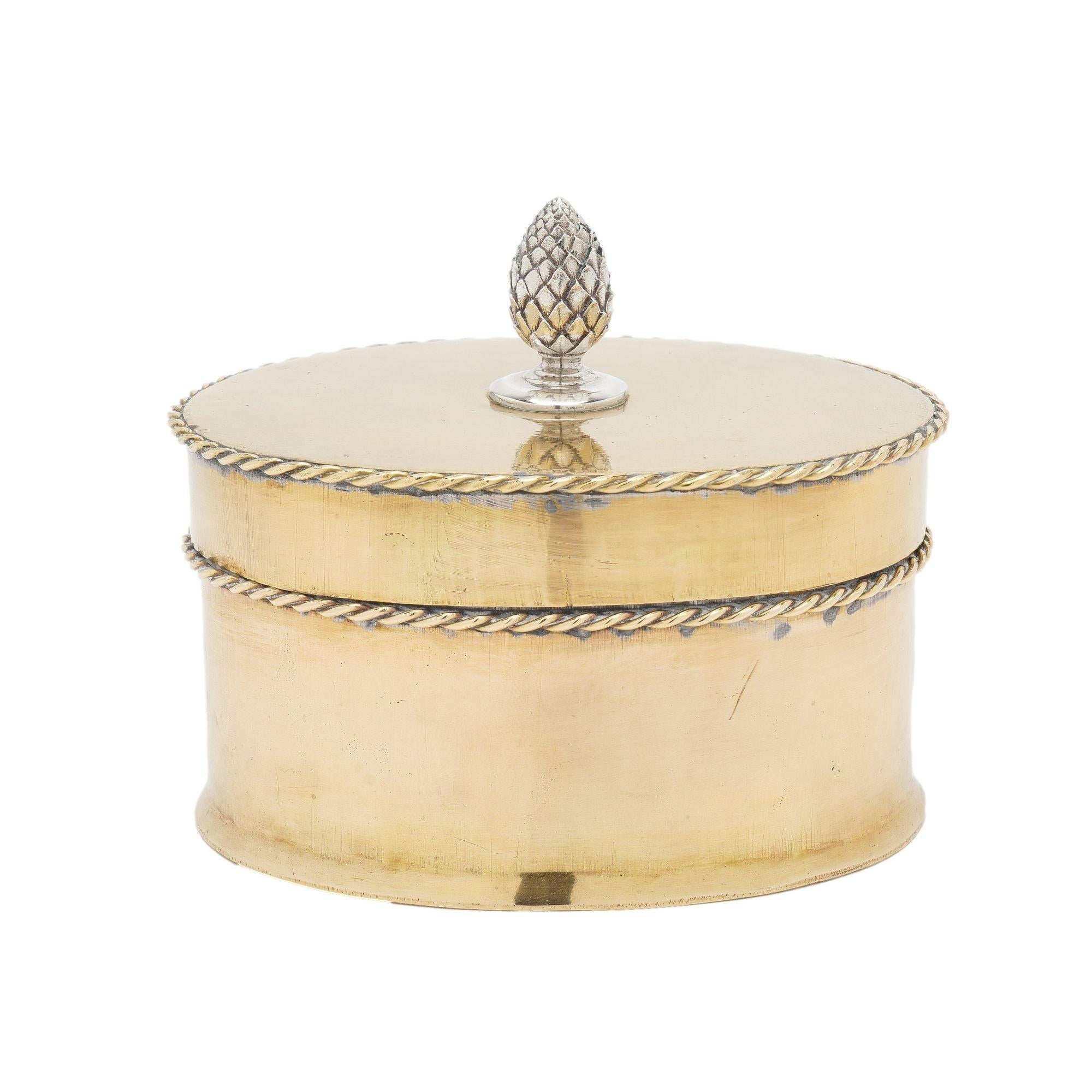 Porta tè ovale in ottone di epoca tardo georgiana con bordi in corda applicati sul bordo superiore del coperchio e sul bordo. Al centro del coperchio c'è un terminale ad ananas in sterling. Il piede del caddy ha una forma stretta e sia il corpo