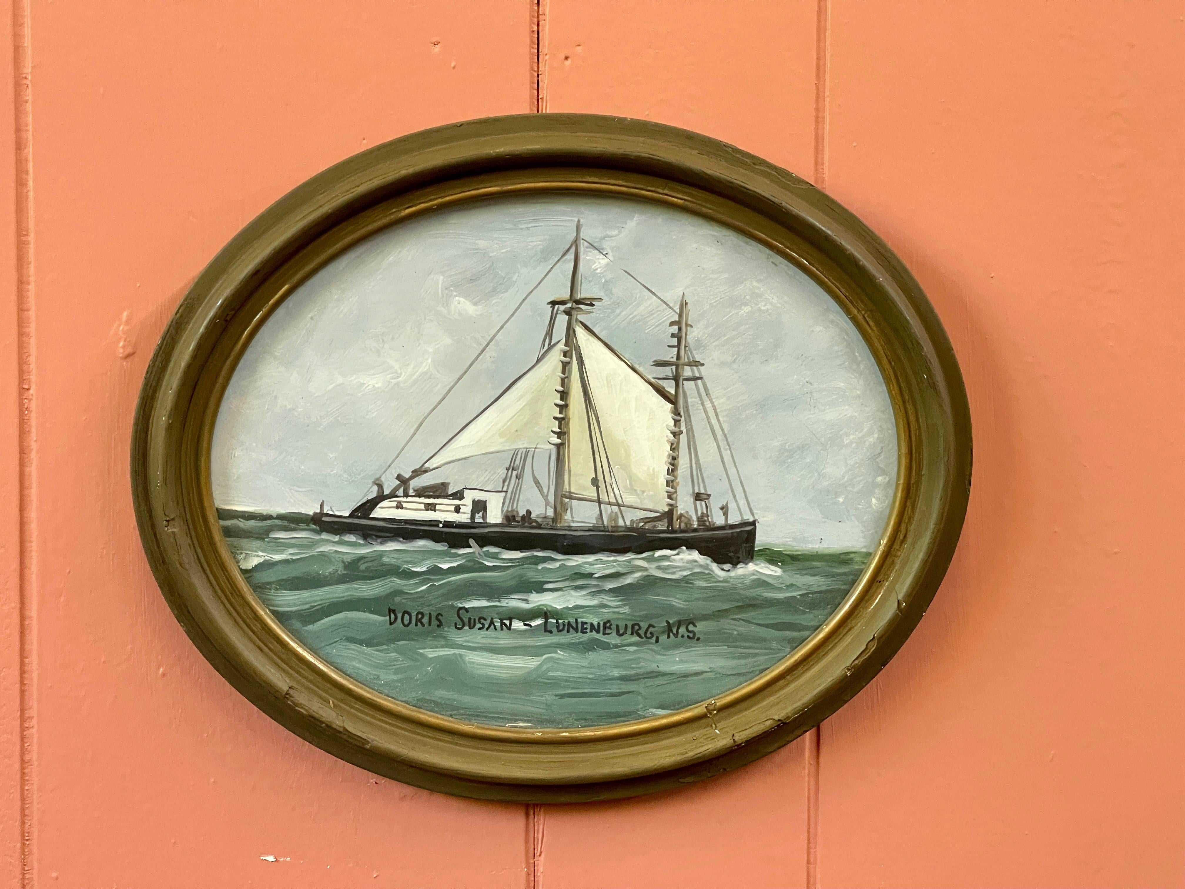 Mid 20th century vintage seascape oil on board painting of a ship labeled 