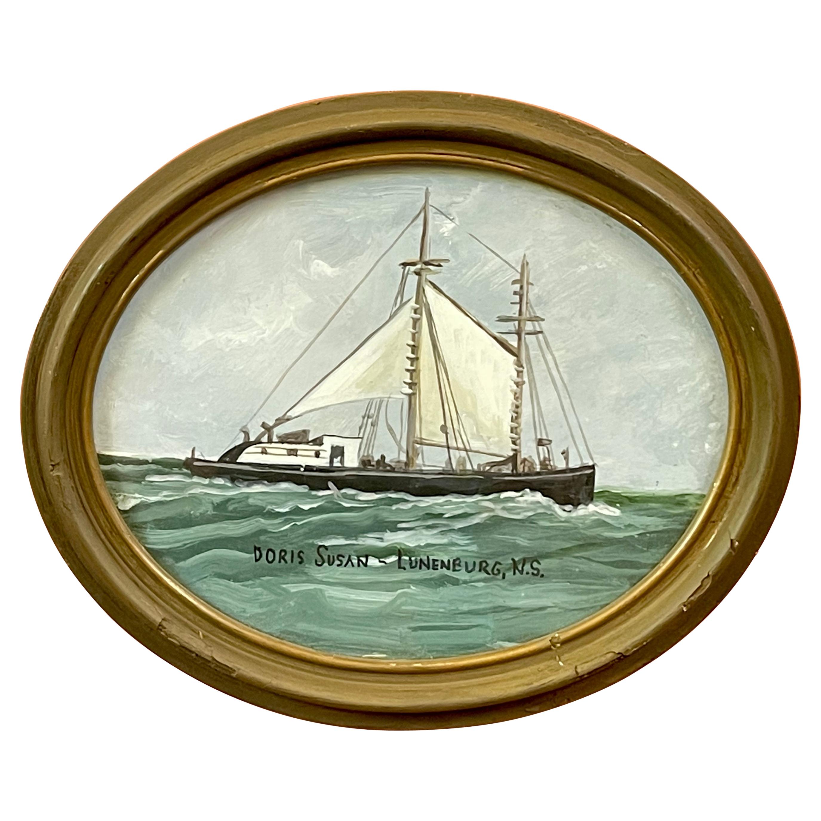Oval Ship Painting of the "Doris Susan" Schooner, Lunenburg, Nova Scotia