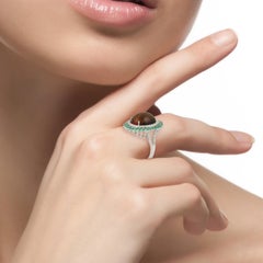 Oval Shped Opal Ring With Emerald & Pave Diamonds Made In 18K White Gold
