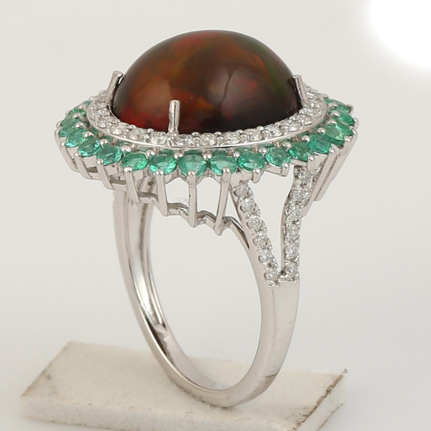 Mixed Cut Oval Shped Opal Ring With Emerald & Pave Diamonds Made In 18K White Gold For Sale