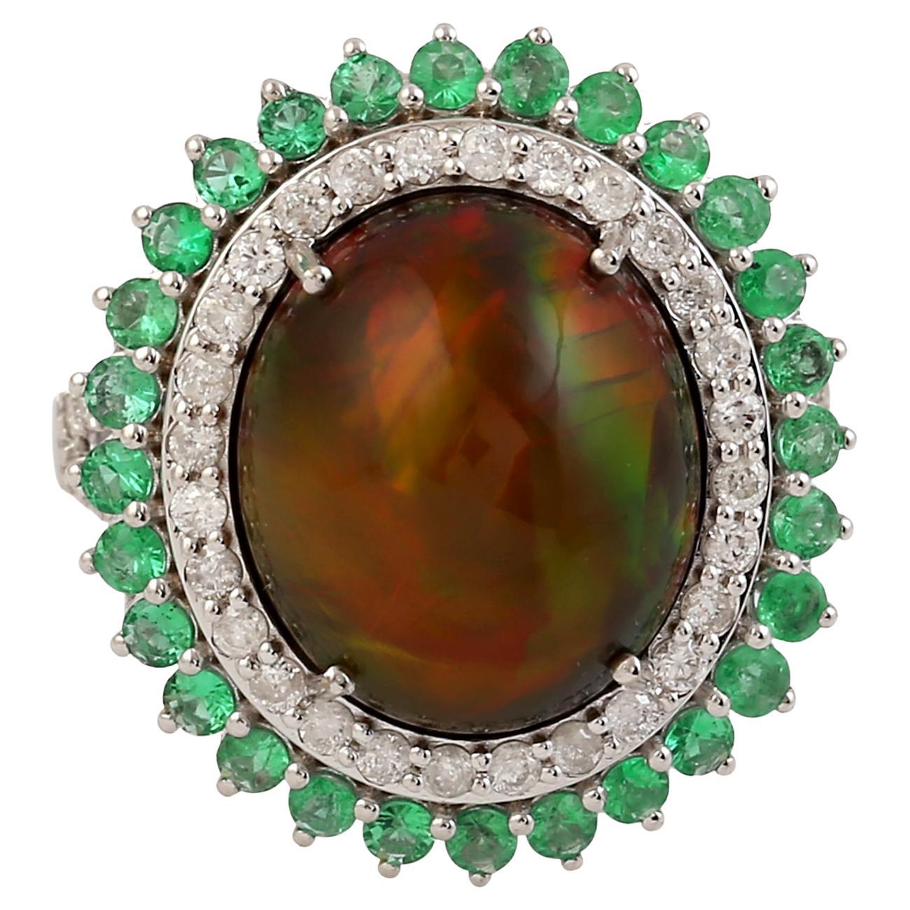 Oval Shped Opal Ring With Emerald & Pave Diamonds Made In 18K White Gold For Sale