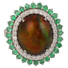 Oval Shped Opal Ring With Emerald & Pave Diamonds Made In 18K White Gold