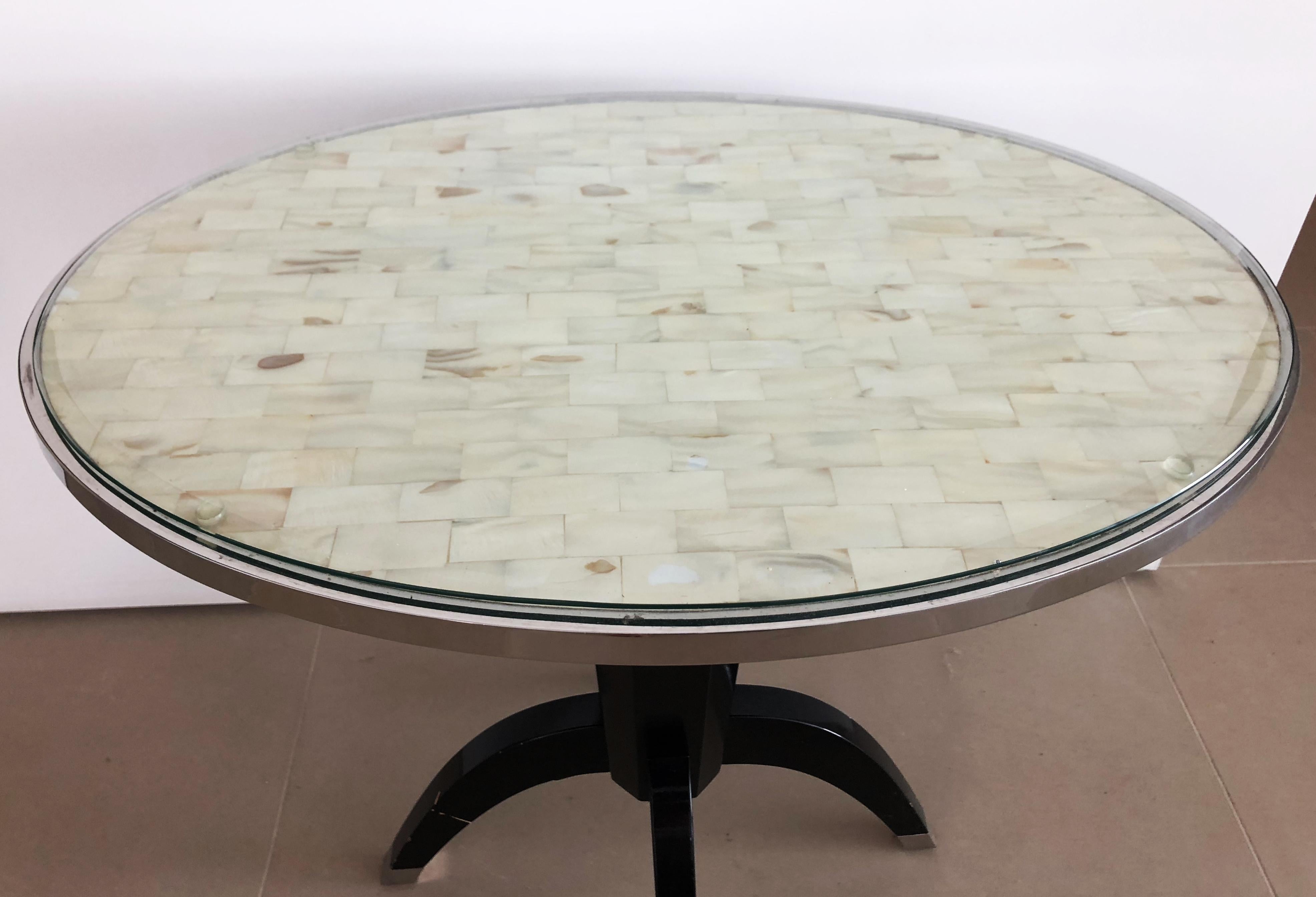 Modern Oval Side Tables with Mother of Pearl Top and Black Lacquered Base