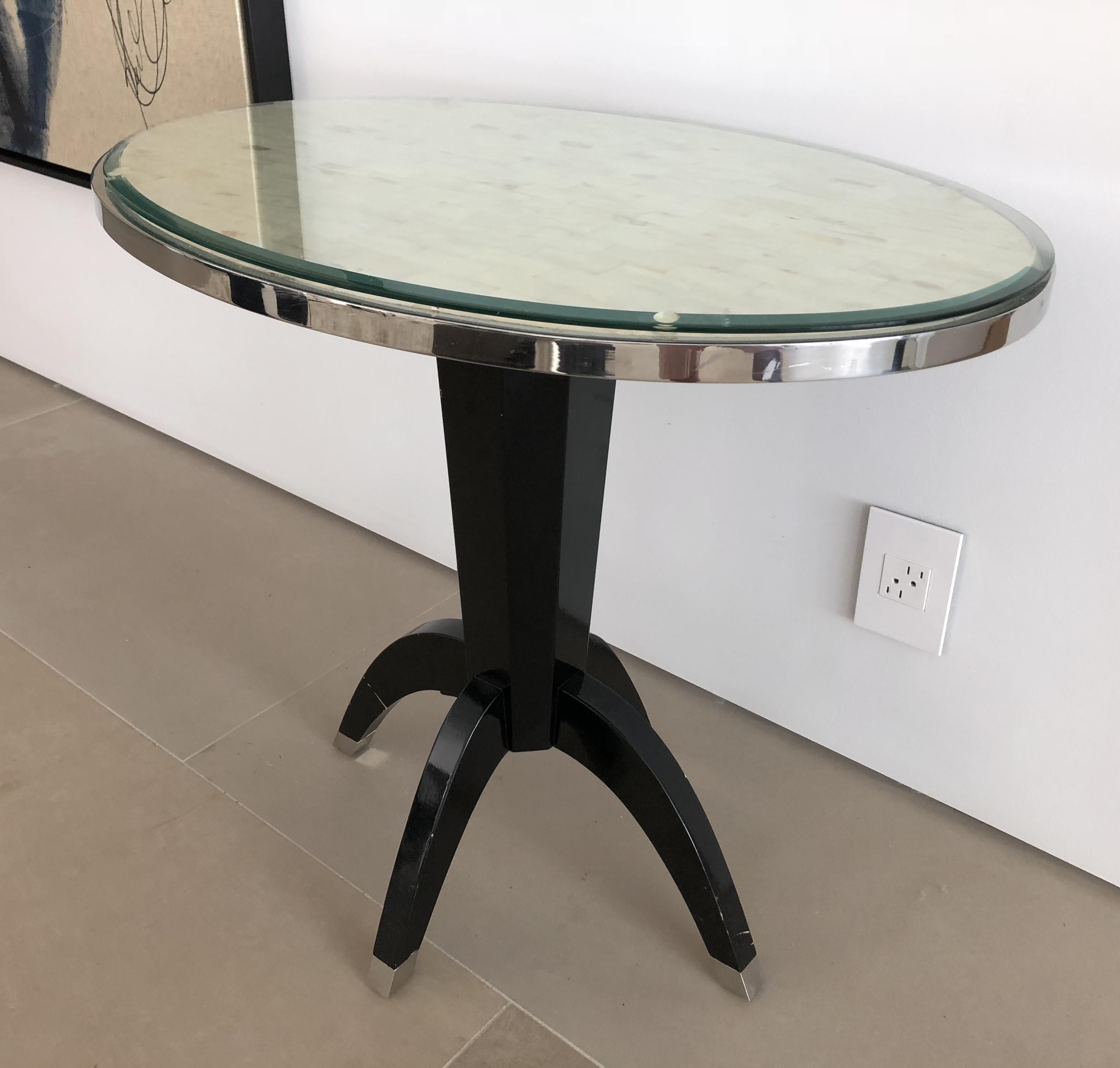 Contemporary Oval Side Tables with Mother of Pearl Top and Black Lacquered Base