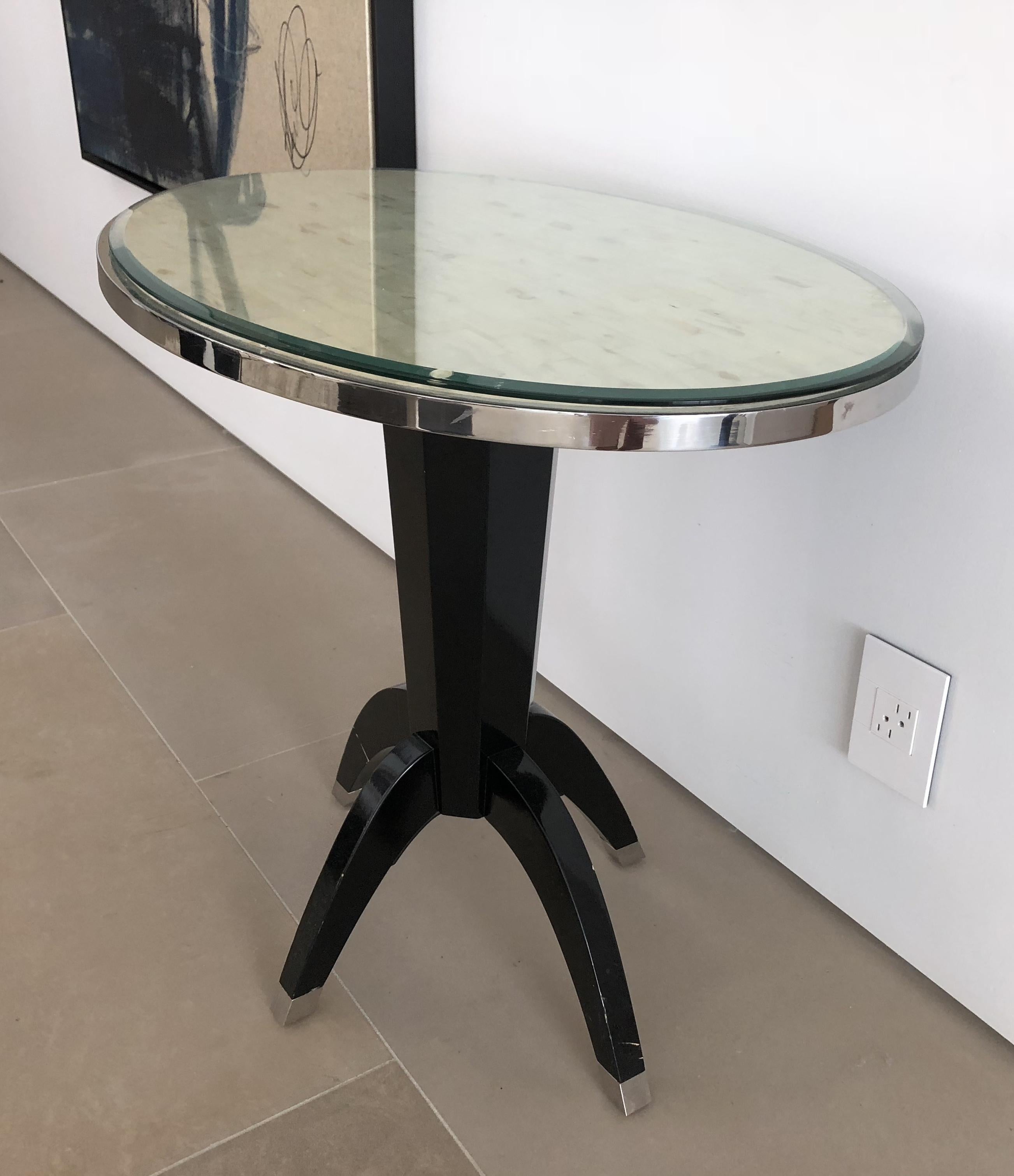 Mother-of-Pearl Oval Side Tables with Mother of Pearl Top and Black Lacquered Base