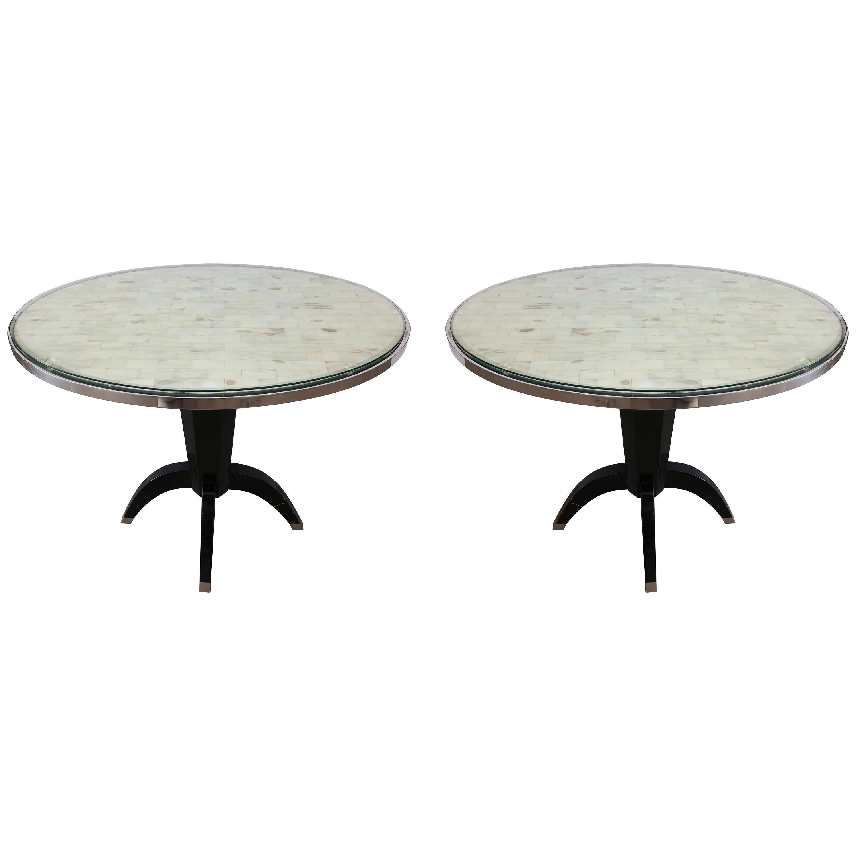Oval Side Tables with Mother of Pearl Top and Black Lacquered Base